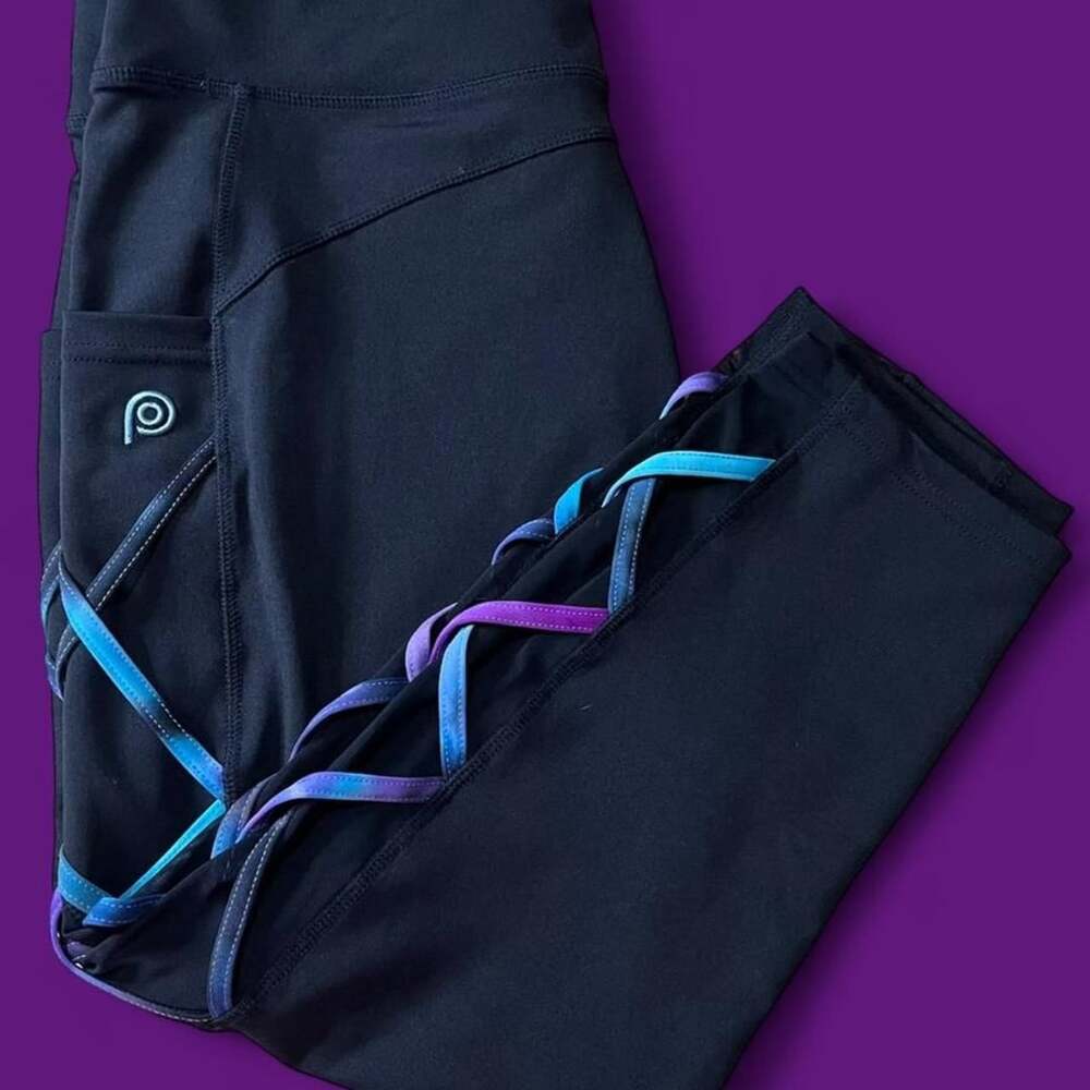 POP Fit Crop Leggings Size 2XL Black Purple Blue Cross Straps Pockets